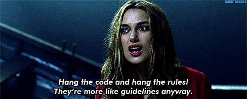 <br>A determined woman passionately declares, "Hang the code and hang the rules! They're more like guidelines anyway." Her expression is intense and defiant, suggesting she's ready to break free from constraints. The scene, likely from an adventure or action movie, conveys a rebellious spirit and a desire for independence.