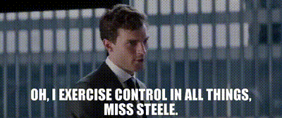 <br>The image is from the movie Fifty Shades of Grey featuring Christian Grey, played by Jamie Dornan. Christian is speaking with a serious expression, and the caption reads, "Oh, I exercise control in all things, Miss Steele," showcasing his dominant and controlling personality, particularly in his relationship with Anastasia Steele.