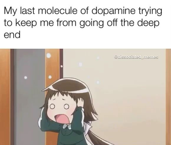 A cartoon character with a distressed expression is shown holding their head in frustration. The caption reads, "My last molecule of dopamine trying to keep me from going off the deep end," humorously portraying a struggle to maintain calm or positivity during a difficult moment.